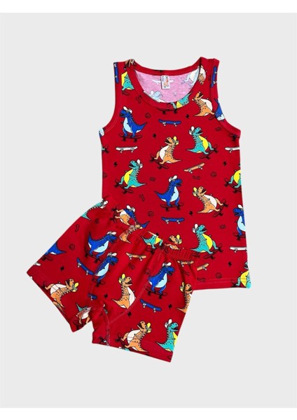 Erkek Çocuk %100 Pamuklu Kırmızı Dinozor Desenli Atlet Boxer Takımı