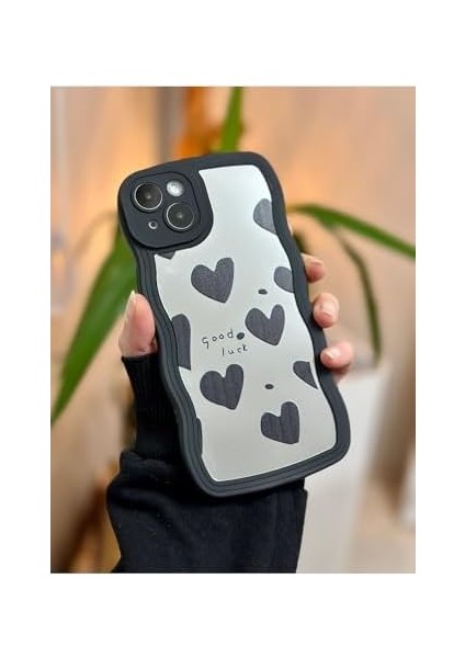 Aksesuar Iphone 14 Plus - 15 Plus ile Uyumlu Aynalı Siyah Kalp Tasarımlı Kenarları Silikon Kılıf fiyatları