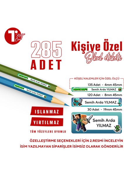 Minecraft Temalı Kişiye Özel 285 Adet Okul Etiketi