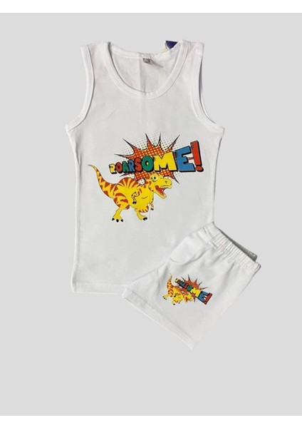 Erkek Çocuk Pamuklu Dinozor Desenli Beyaz Atlet Boxer Takımı modelleri