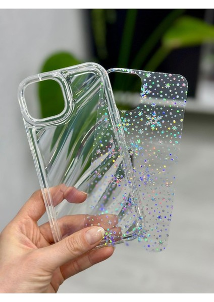 Aksesuar Iphone 13 14 ve 15 ile Uyumlu 3D Kabartmalı Snow Hologram Şeffaf Silikon Kılıf