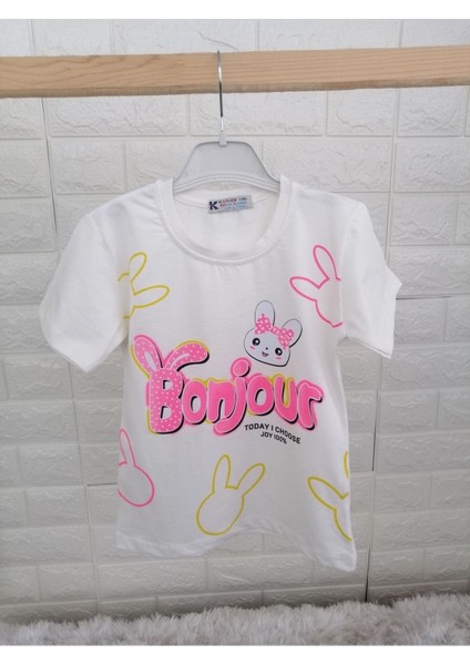 Kız Çocuk Bonjour Tavşan Baskılı Pamuklu Ekru Kısa Kollu Tshirt