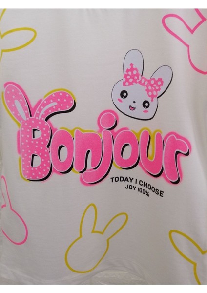Kız Çocuk Bonjour Tavşan Baskılı Pamuklu Ekru Kısa Kollu Tshirt fiyatları