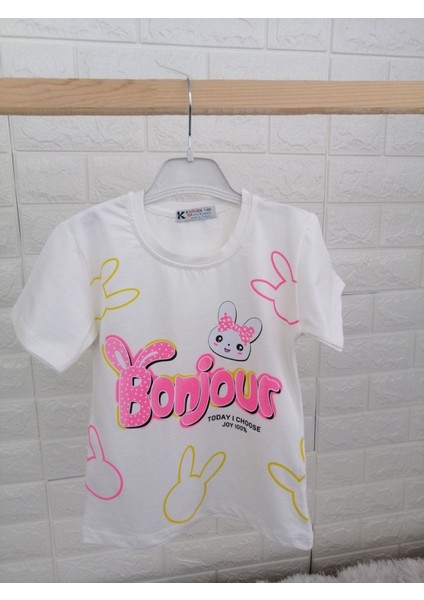 Kız Çocuk Bonjour Tavşan Baskılı Pamuklu Ekru Kısa Kollu Tshirt modelleri