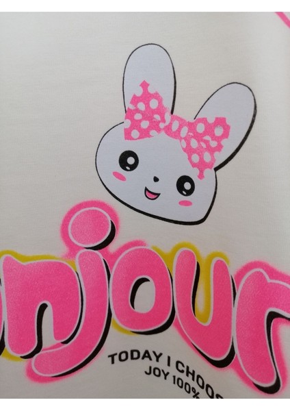 Kız Çocuk Bonjour Tavşan Baskılı Pamuklu Ekru Kısa Kollu Tshirt fırsatları