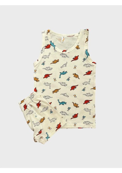 Erkek Çocuk Pamuklu Ekru Renk Dinozor Desenli Atlet Boxer Takımı