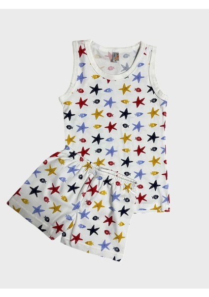 Erkek Çocuk Pamuklu Beyaz Yıldız Balık Gülenyüz Desenli Atlet Boxer Takımı