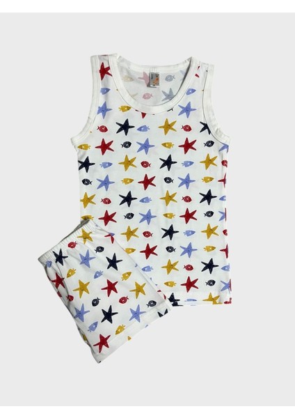 Erkek Çocuk Pamuklu Beyaz Yıldız Balık Gülenyüz Desenli Atlet Boxer Takımı fiyatları