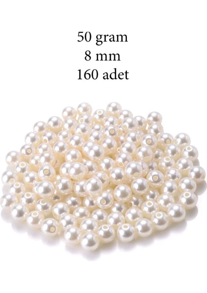 50 Gram 8mm Krem Renk Plastik İnci Boncuk Çanta ve Takı Yapım Boncuğu (~160 Adet)