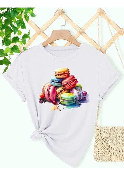 Renkli Makaron Özel Tasarım Baskılı Kadın T-Shirt