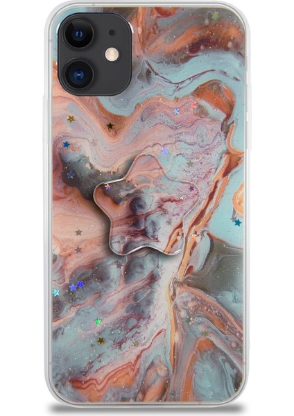 Iletişim Apple iPhone 11 ile Uyumlu Kapak Mermer Desenli Pop Socketli Silikon Kılıf - Mercan