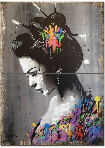 Renkli Japon Kadın Modern Ahşap Tablo 70CMX 100CM