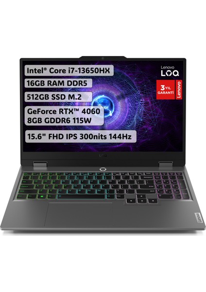 LOQ Intel Core i7 13650HX 16GB 512GB SSD RTX4060 Freedos 15.6" Fhd 144Hz Taşınabilir Bilgisayar 83DV00WVTR