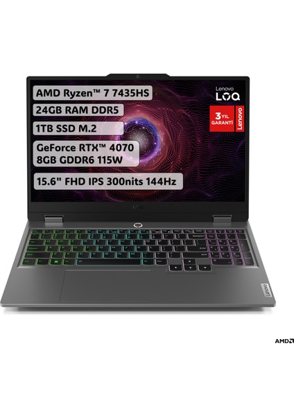 LOQ AMD Ryzen 7 7435HS 24GB 1TB SSD RTX4070 Freedos 15.6" FHD Taşınabilir Bilgisayar 83JC00F6TR