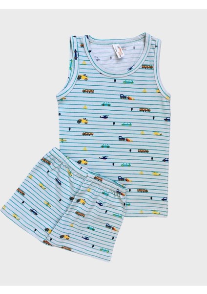 Erkek Çocuk Pamuklu Araba Desenli Çizgili Yeşil Atlet Boxer Takımı