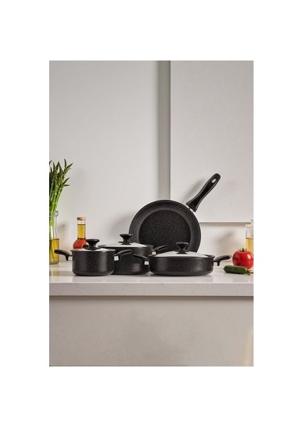 7 Parça Granit Kaplama Tencere Seti - 18 cm, 22 cm, 26 cm Tencereler ve 26 cm Tava