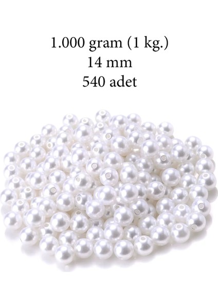 1.000 Gram (1 Kg.) 14MM Beyaz Renk Plastik Inci Boncuk Çanta ve Takı Yapım Boncuğu (~540 Adet)