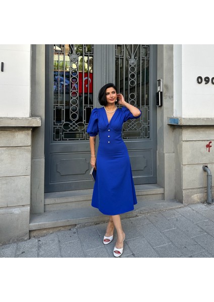 Karpuz Kol Önü Düğmeli Midi Elbise