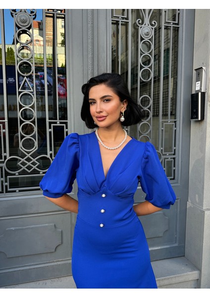 Karpuz Kol Önü Düğmeli Midi Elbise fiyatları