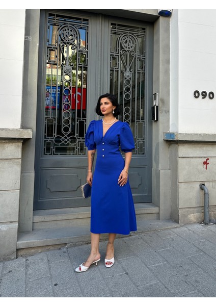 Karpuz Kol Önü Düğmeli Midi Elbise fırsatları