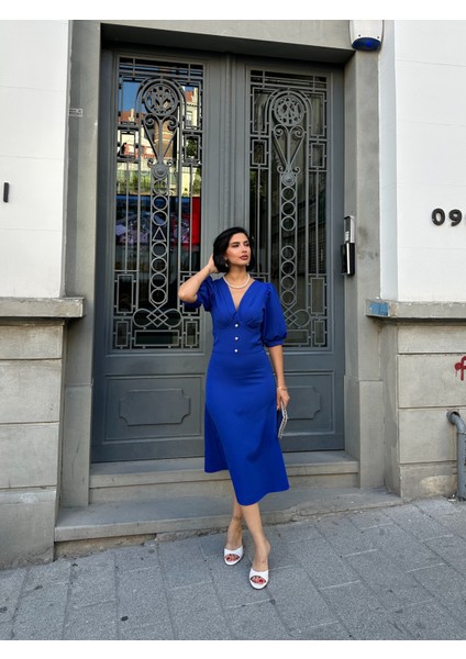 Karpuz Kol Önü Düğmeli Midi Elbise indirimleri