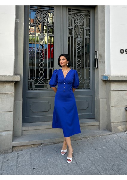 Karpuz Kol Önü Düğmeli Midi Elbise