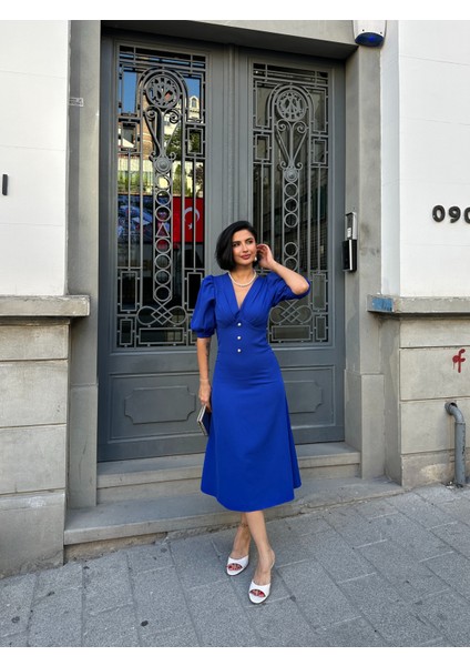 Karpuz Kol Önü Düğmeli Midi Elbise