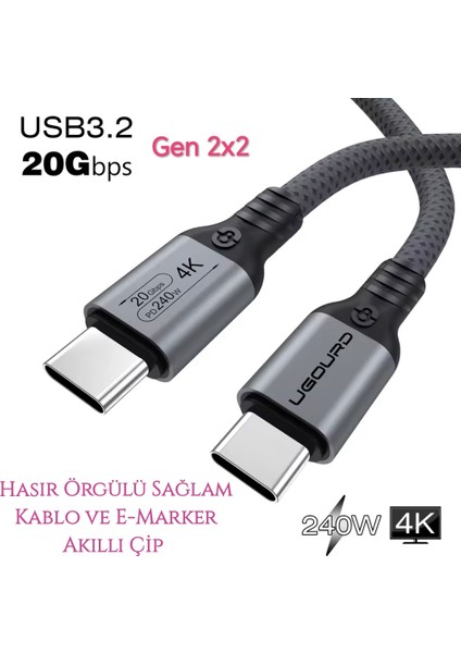 1-Metre PD 240W 5A Type-C To Type-C 4K 3.2/Gen2x2/20Gbps E-Marker Akıllı Çip Ce Lisanslı Şarj ve Data Video Kablosu Hasır Örgülü Sağlam Kablo Orjinal fiyatları