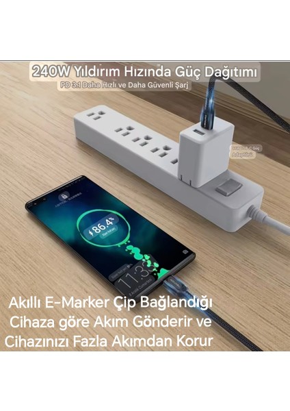 1-Metre PD 240W 5A Type-C To Type-C 4K 3.2/Gen2x2/20Gbps E-Marker Akıllı Çip Ce Lisanslı Şarj ve Data Video Kablosu Hasır Örgülü Sağlam Kablo Orjinal modelleri