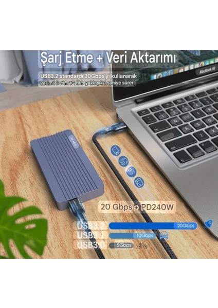1-Metre PD 240W 5A Type-C To Type-C 4K 3.2/Gen2x2/20Gbps E-Marker Akıllı Çip Ce Lisanslı Şarj ve Data Video Kablosu Hasır Örgülü Sağlam Kablo Orjinal indirimleri
