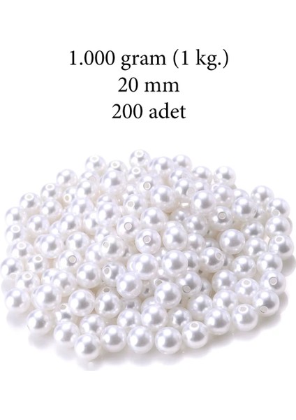 1.000 Gram (1 Kg.) 20MM Beyaz Renk Plastik İnci Boncuk Çanta ve Takı Yapım Boncuğu (~200 Adet)