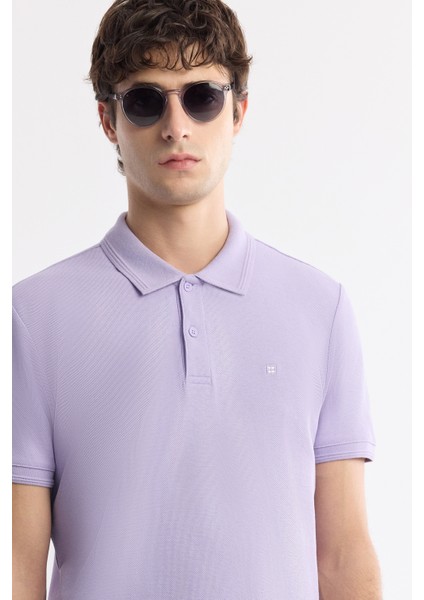 Erkek Lila Kıvrılmaz Polo Yaka %100 Pamuk Basic Regular Fit T-Shirt B001032