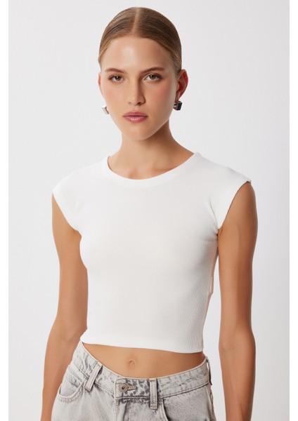 2’li Paket Basic Fitilli Örme Crop Bluz LMX0123 Siyah Ekru