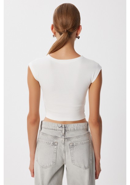 2’li Paket Basic Fitilli Örme Crop Bluz LMX0123 Siyah Ekru