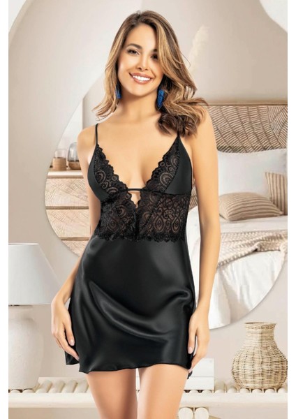 Lingerie 2103 Siyah Dantelli İp askılı Sexy Saten Gecelik fiyatları