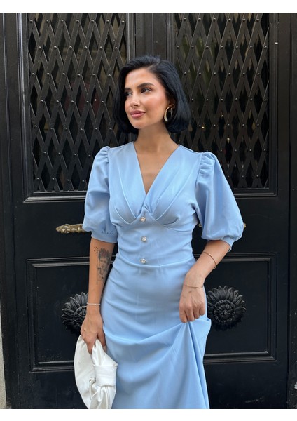 Karpuz Kol Önü Düğmeli Midi Elbise modelleri