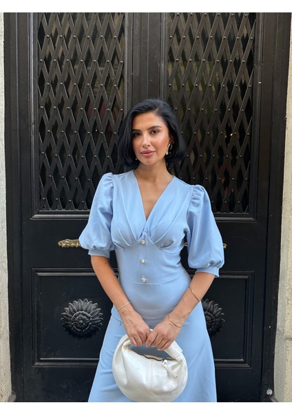 Karpuz Kol Önü Düğmeli Midi Elbise