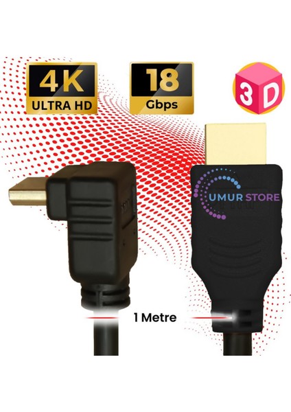 Hdmı 2.0 4k Ultra Hd 60 Hz L Tipi Ses Ve Görüntü Aktarım Kablosu 1 Metre