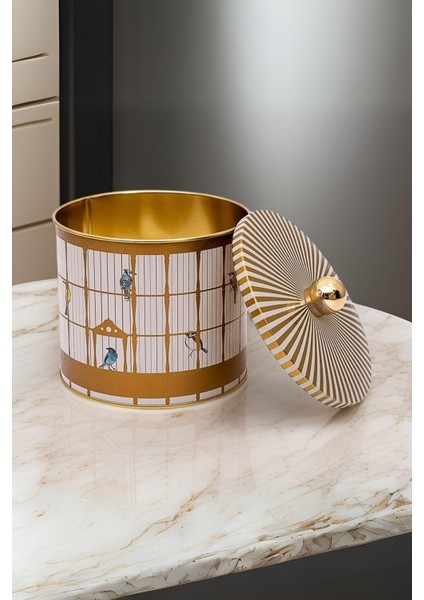 ER142-T7 Bird Cage Desenli Yuvarlak Metal Saklama Kabı 14 cm