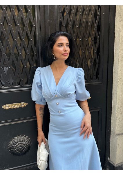 Karpuz Kol Önü Düğmeli Midi Elbise fiyatları