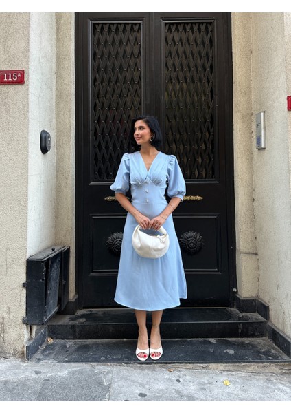 Karpuz Kol Önü Düğmeli Midi Elbise