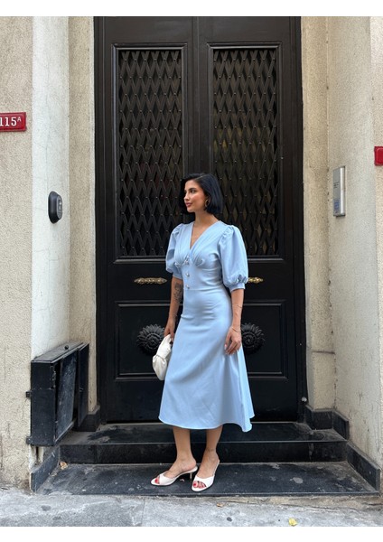 Karpuz Kol Önü Düğmeli Midi Elbise