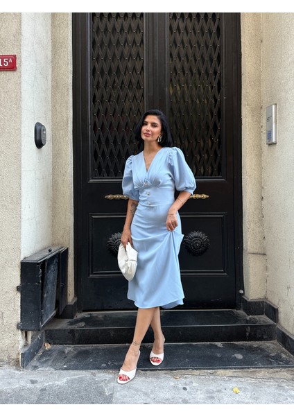 Karpuz Kol Önü Düğmeli Midi Elbise