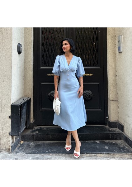 Karpuz Kol Önü Düğmeli Midi Elbise