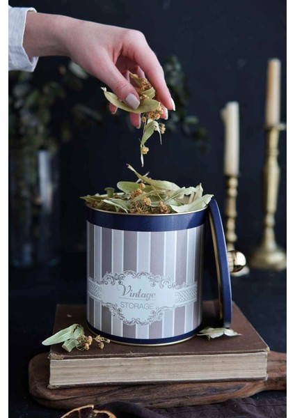 ER143-5B Elegance Blue Desenli Yuvarlak Metal Saklama Kabı 14 cm