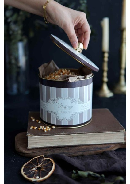 ER142-6B Elegance Coffee Desenli Yuvarlak Metal Saklama Kabı 14 cm