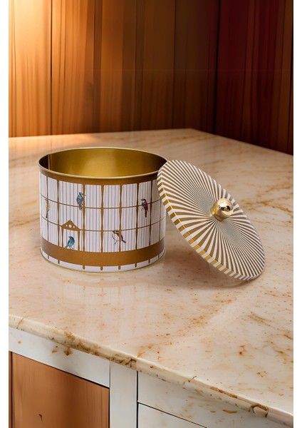 ER145-T7 Bird Cage Desenli Yuvarlak Metal Saklama Kabı 17.5 cm