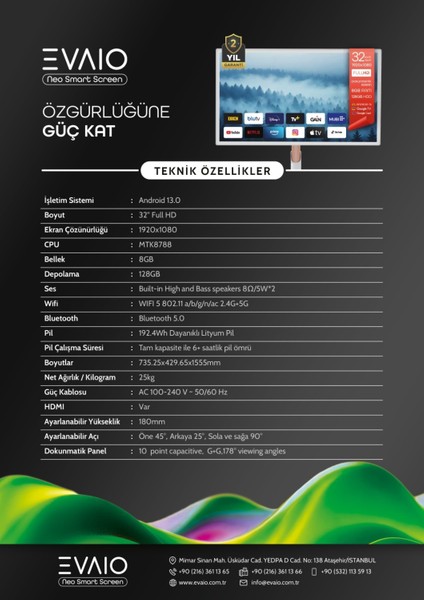 Neo 32 Inç 80 Ekran HDD Full HD Taşınabilir Android Smart LED Ayaklı Ekran