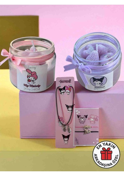Kuromi & My Melody Arkadaşlık Seti – 2 Adet Mum + 1 Çift Kolye + 1 Çift Bileklik