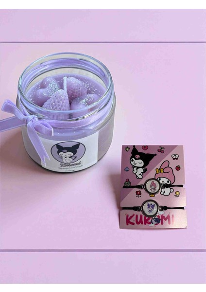 Kuromi Hediye Seti – 1 Adet Frambuaz Kokulu Kuromi Mum + 1 Adet Kuromi + 1 Adet My Melody Bileklik